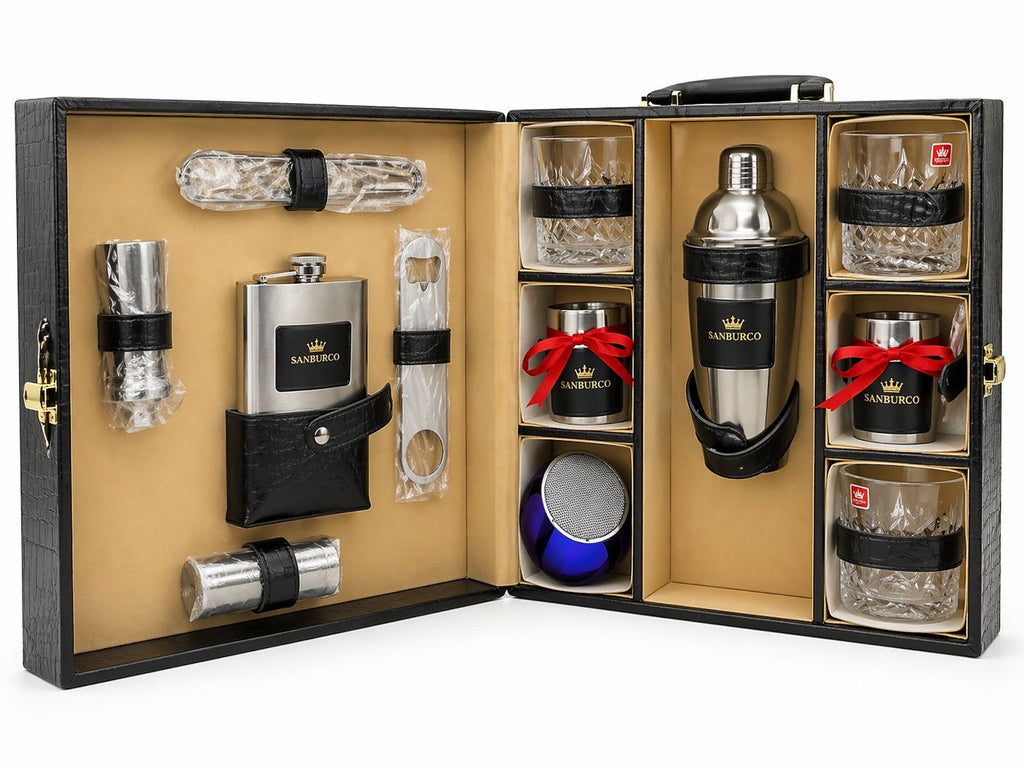 Sanburco Leatherette Portable Mini Bar Set – 12 Piece Premium Kit
